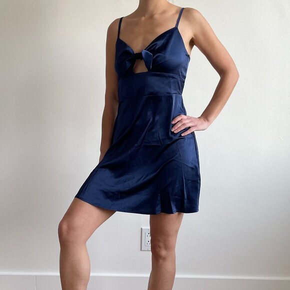 Zaful - Navy Blue Tie Front Satin Cami Dress - Picture 3 of 16